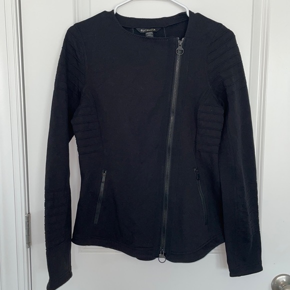 ATHLETA Moto Jacket Small Black Sport Sweatshirt City Travel Front Zip - Picture 2 of 6
